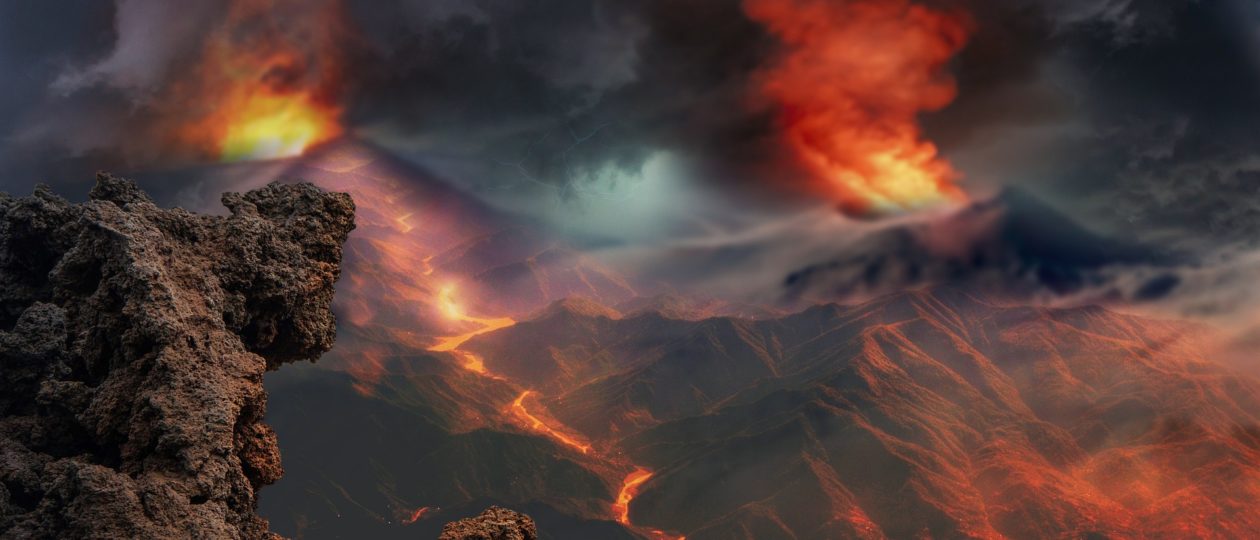 Volcanoes Eruption and Smoke in the Fantasy Land