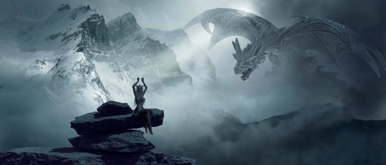 Woman with Dragon in Mountains