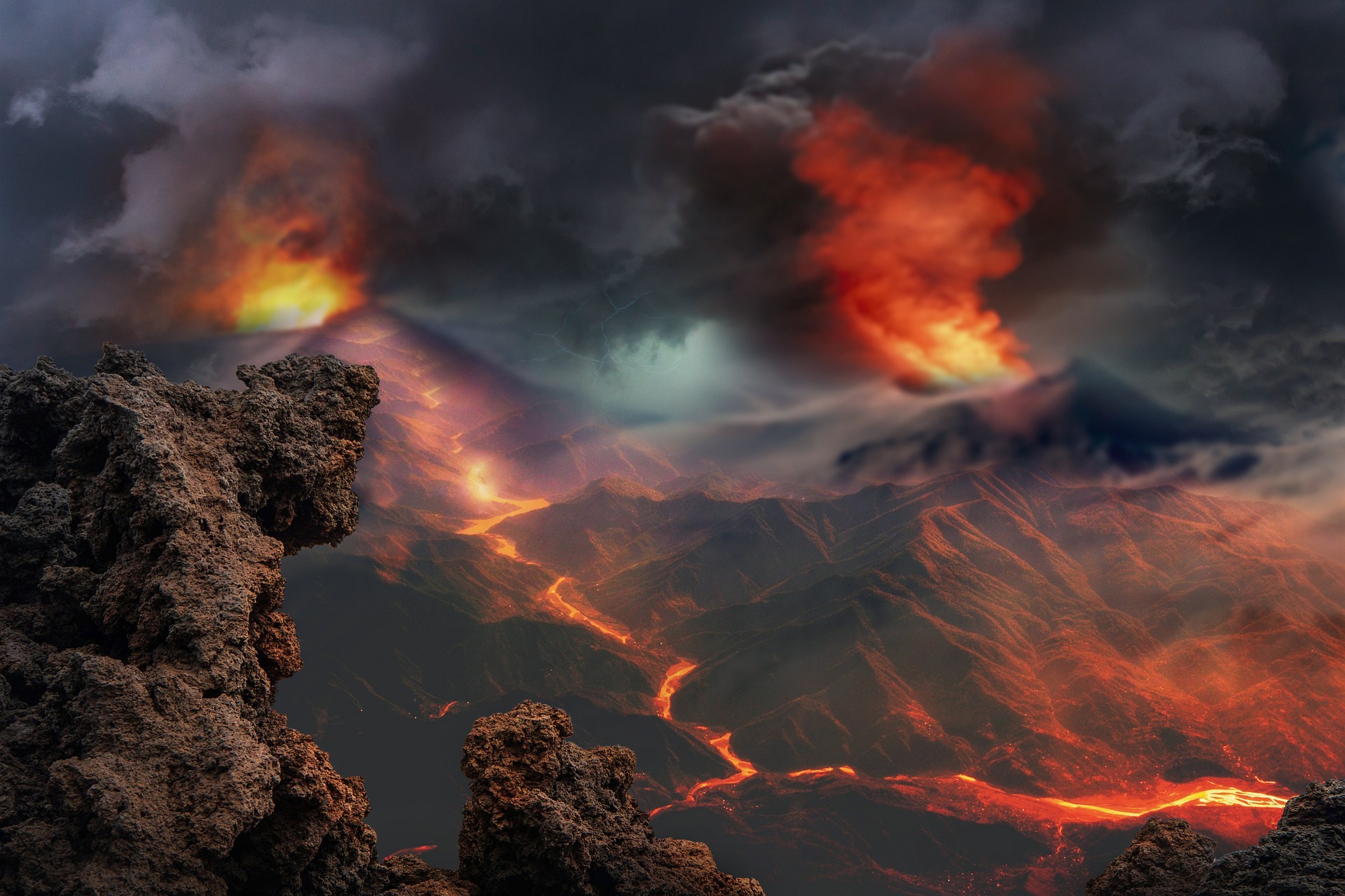 Volcanoes Eruption and Smoke in the Fantasy Land