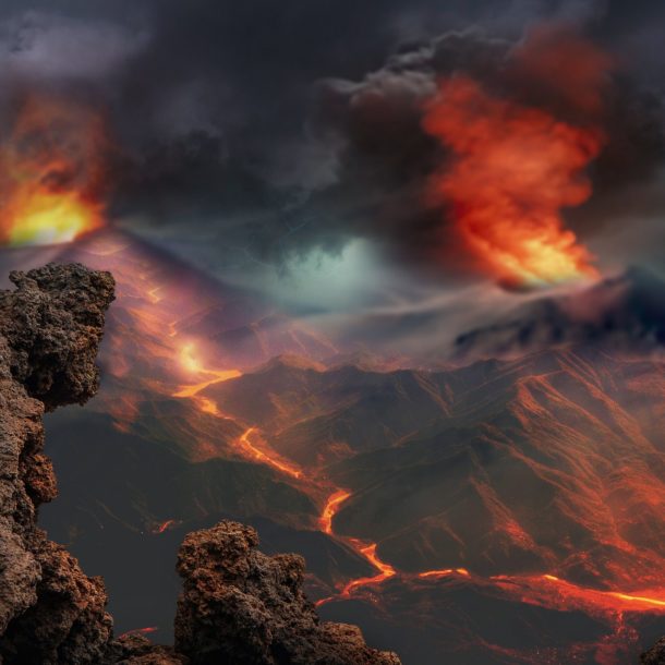 Volcanoes Eruption and Smoke in the Fantasy Land